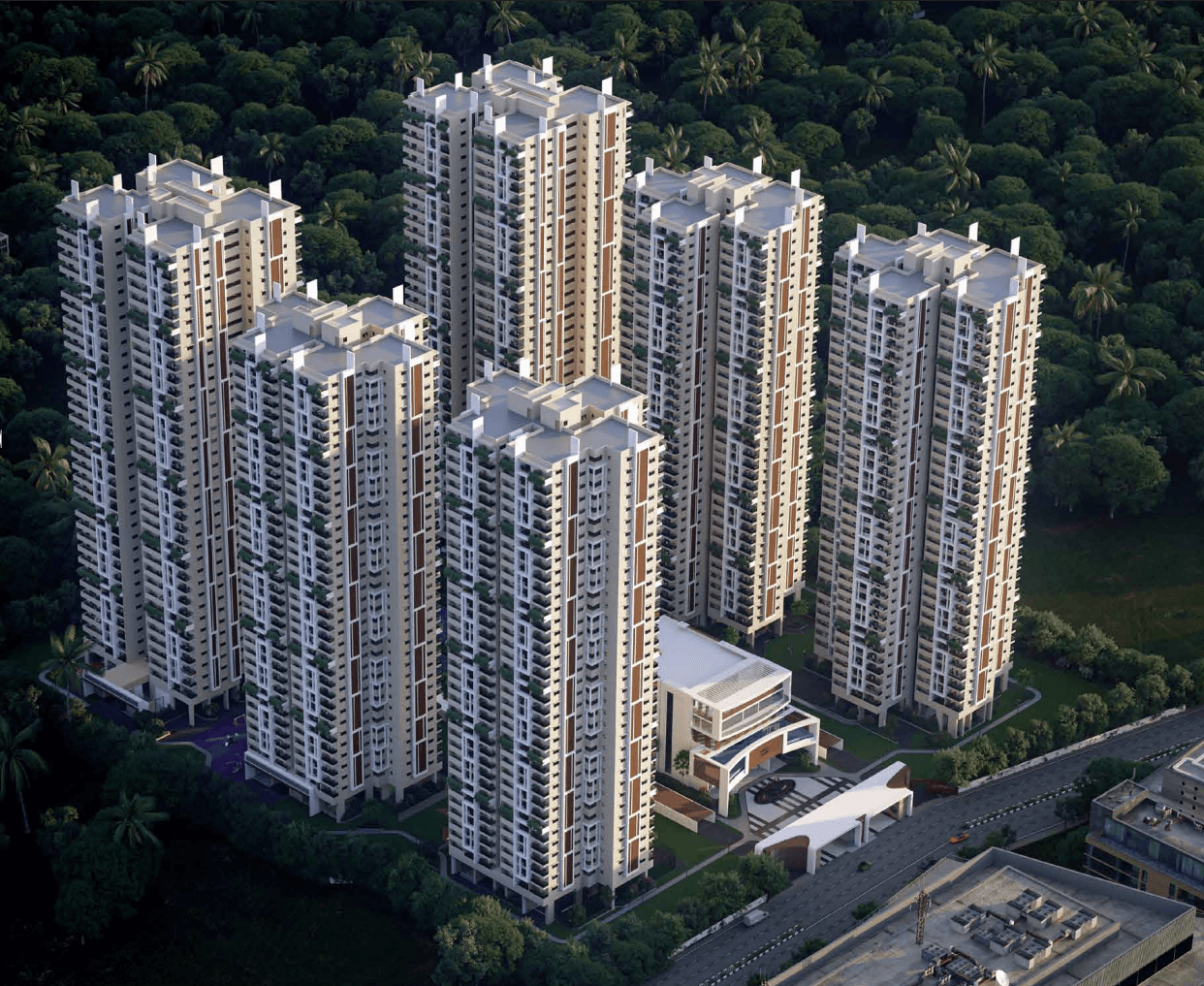 Aerial render of a luxury residential apartment complex with six high-rise towers, lush green landscaping, and modern clubhouse facilities.