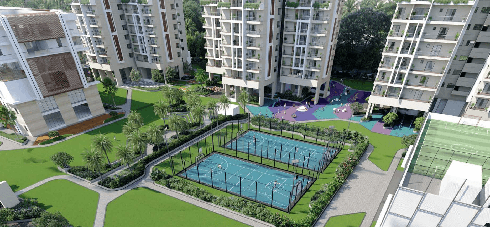 render of 2 dual purpose (basketball/badminton) courts in the center of supadha gamya luxury residences