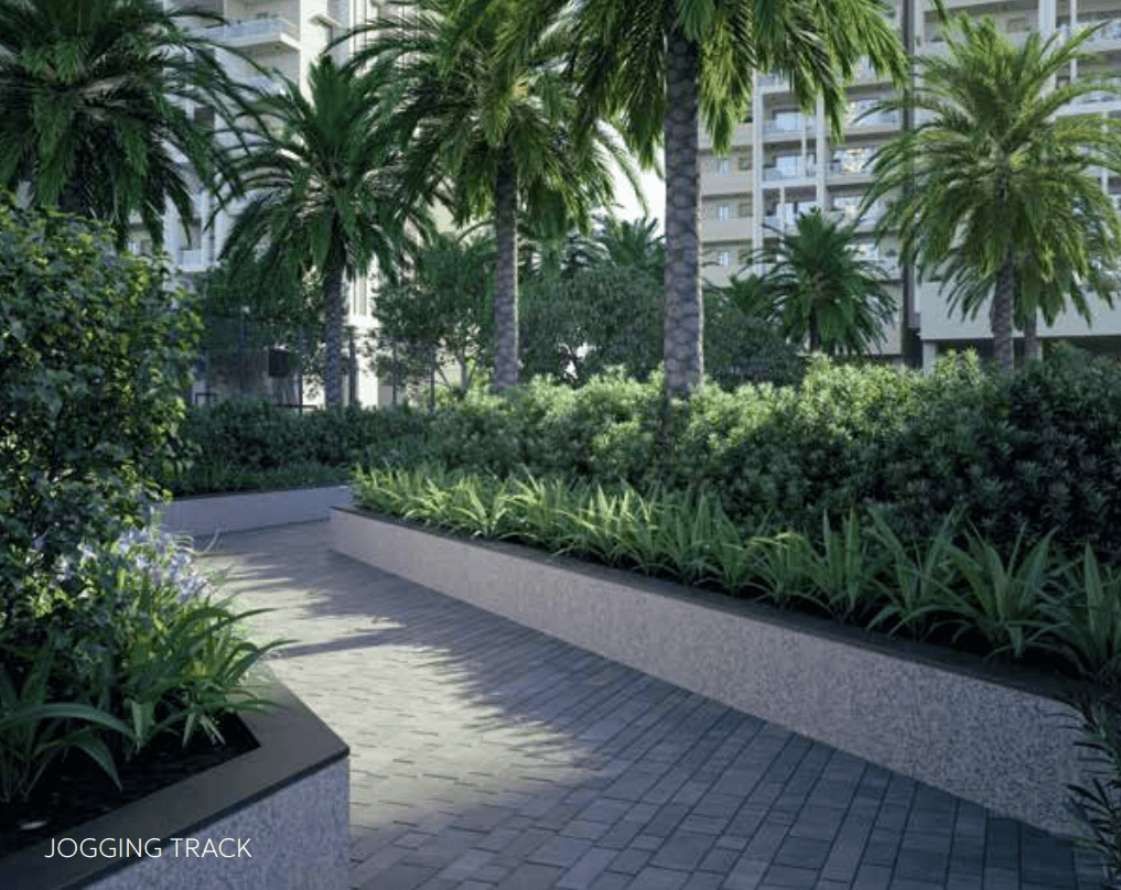 jogging track render showing brick path with plants on both sides in supadha gamya