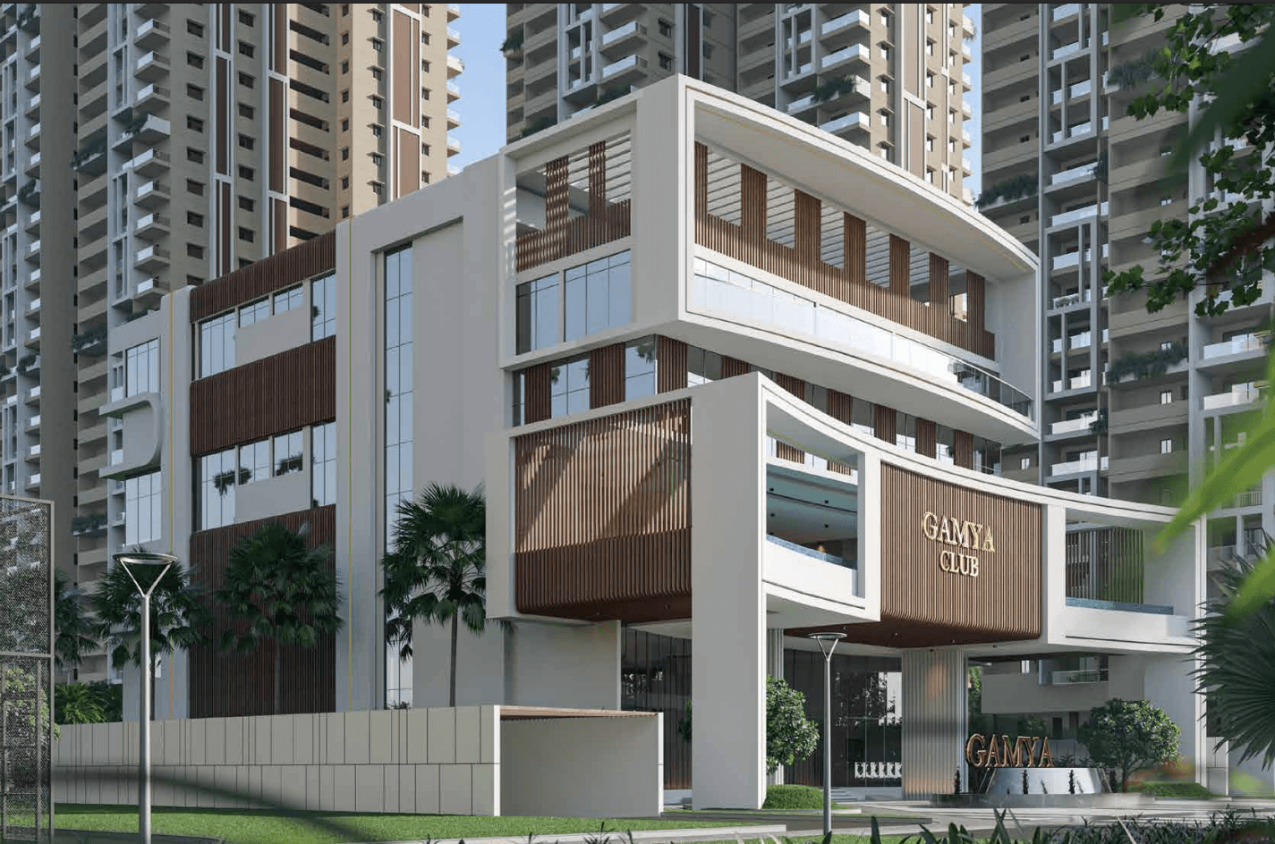 exterior view of one of the leisure clubhouse in the supadha gamya luxury apartments. g + 3 storey clubhouse building with the residential towers in background