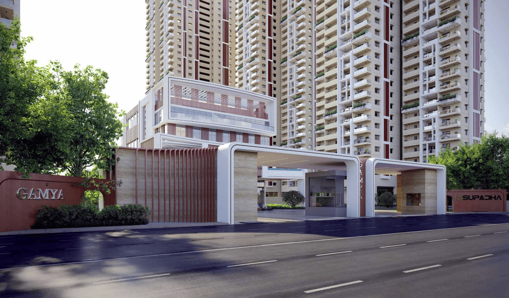 enterance to the supadha gamya luxury residences community with the clubhouse in view and 3 towers in background