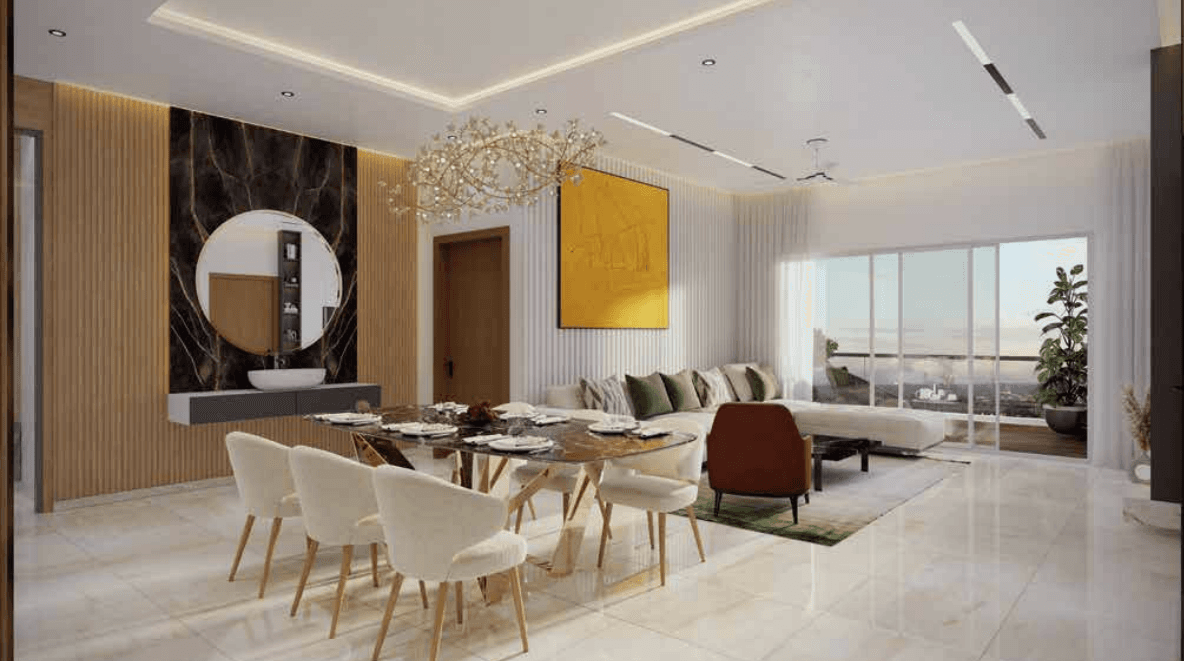 render of dining table with 6 chairs and sofa in the hall of supadha gamya luxury residences flat