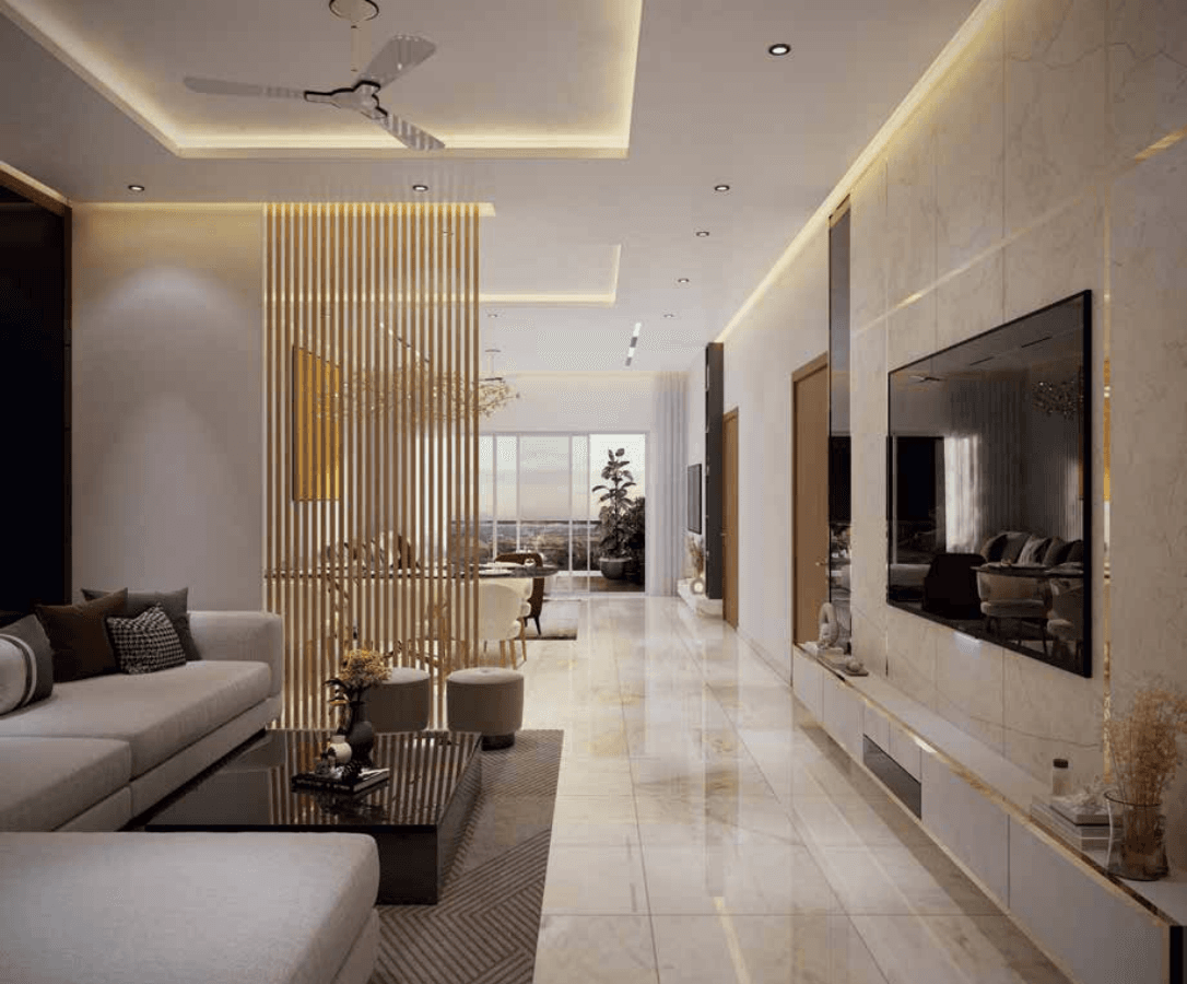 render of hall with seating area and tv in a supadha gamya flat