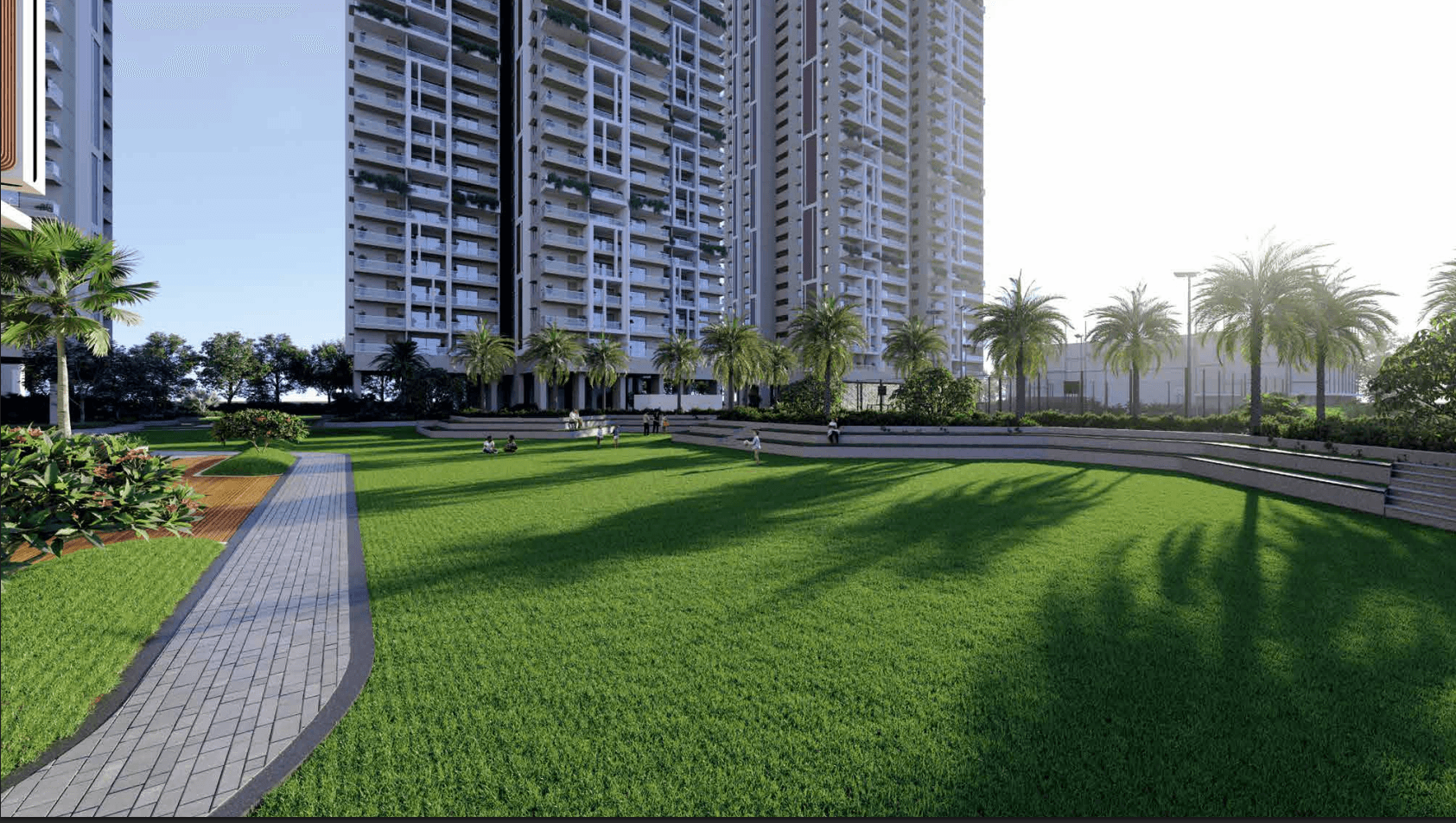 render of lawn in the supadha gamya luxury residences premises in the center of buildings